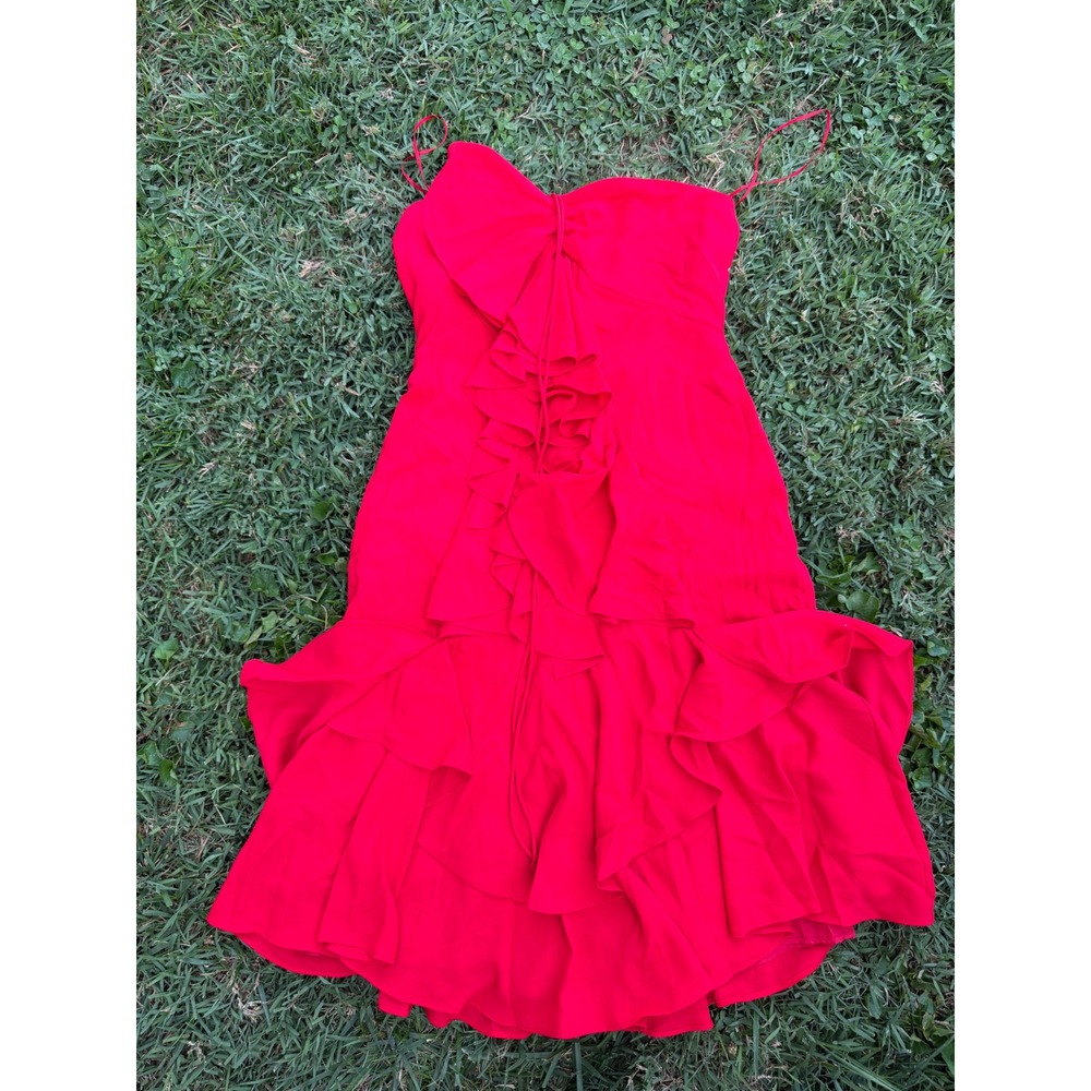 Express Conscious Edit Red Ruffle Strapless Midi Dress Size 0 007807542